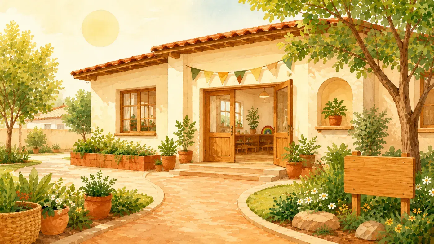 Ilustración de la entrada de una pequeña escuela Montessori con jardín y banderitas