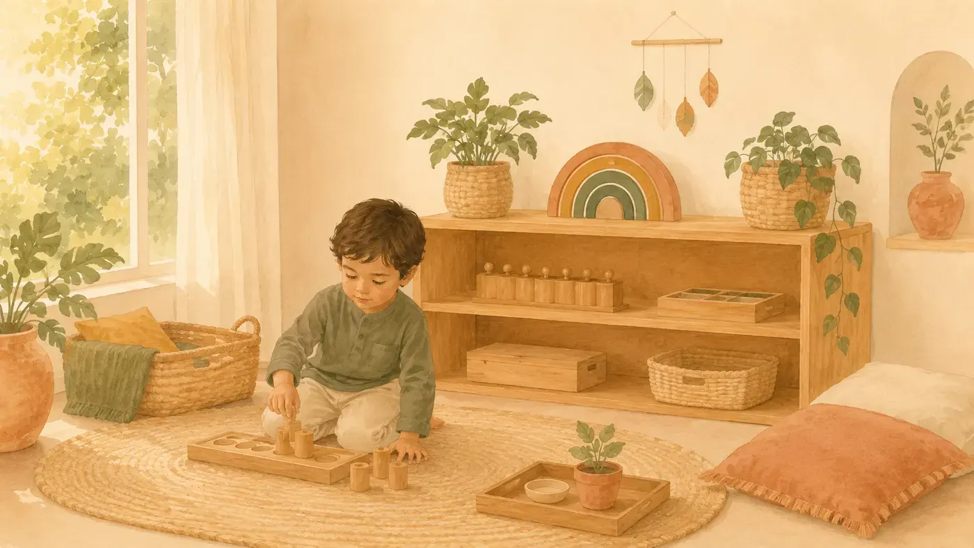 Ilustración de un niño explorando materiales Montessori en un rincón cálido de hogar