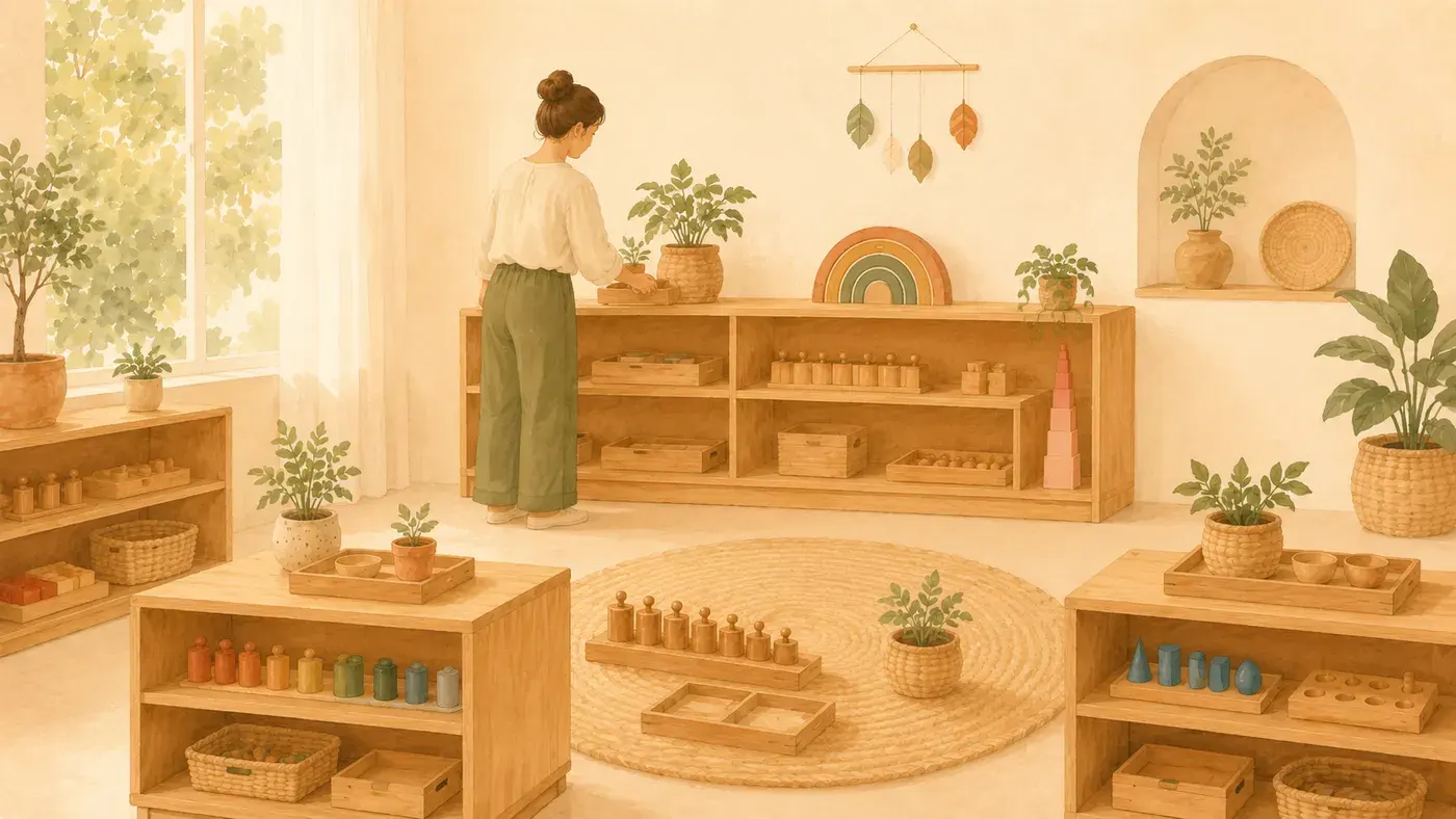 Ilustración de una guía Montessori preparando el ambiente del aula con plantas y materiales ordenados
