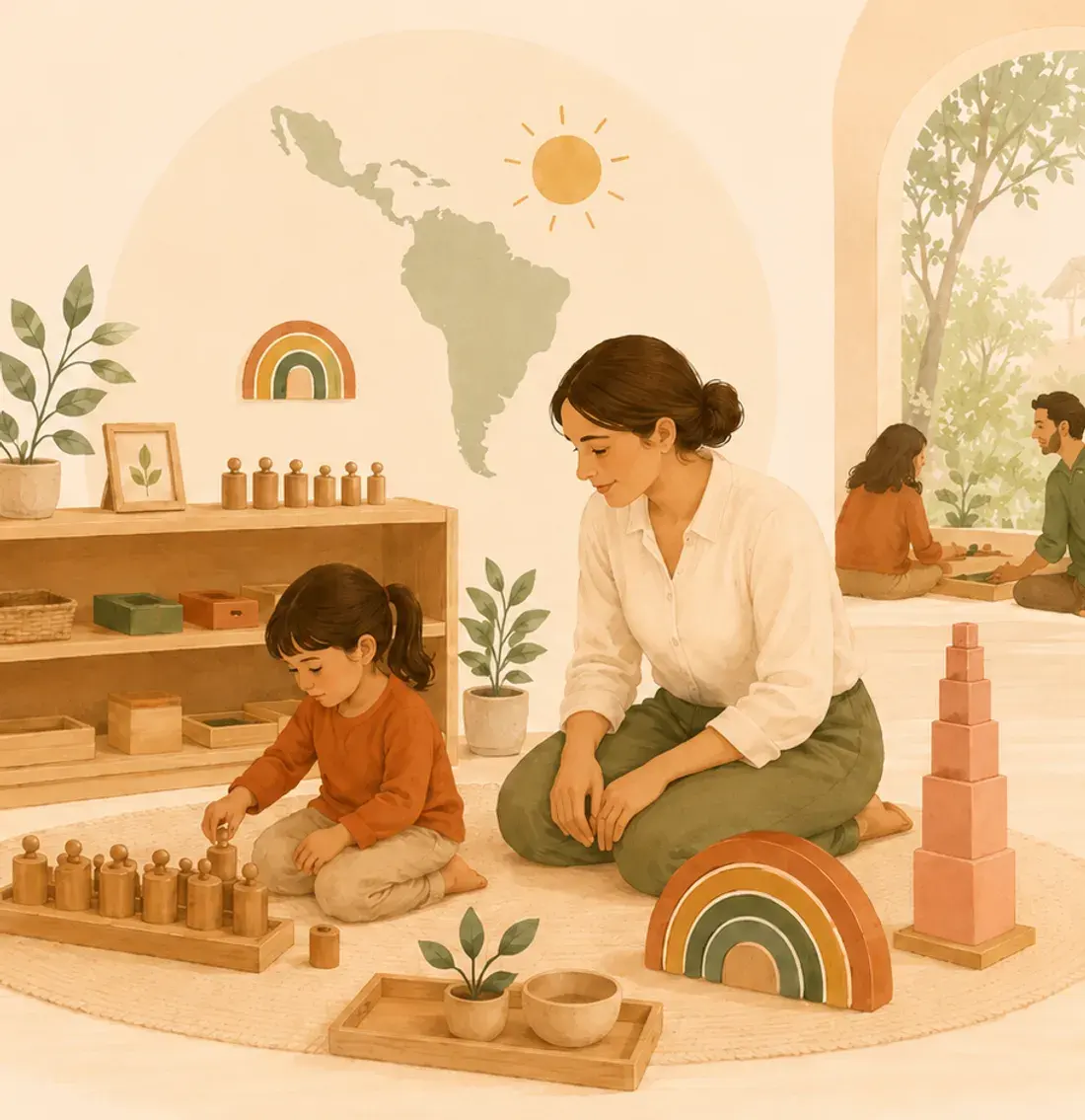 Ilustración de una madre y su hija trabajando juntas con materiales Montessori de madera, con el mapa de América Latina al fondo